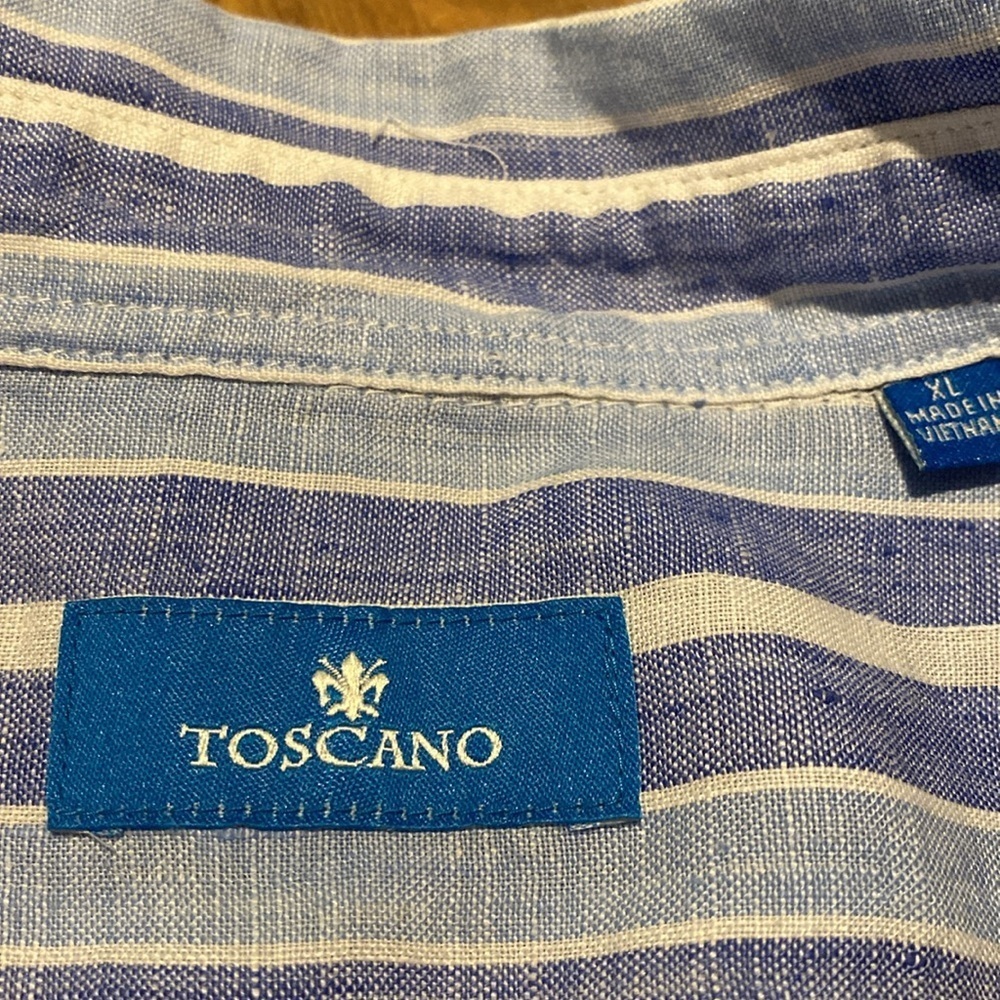 Toscano Linen L/S Button Down Shirt Striped Blue White Size XL